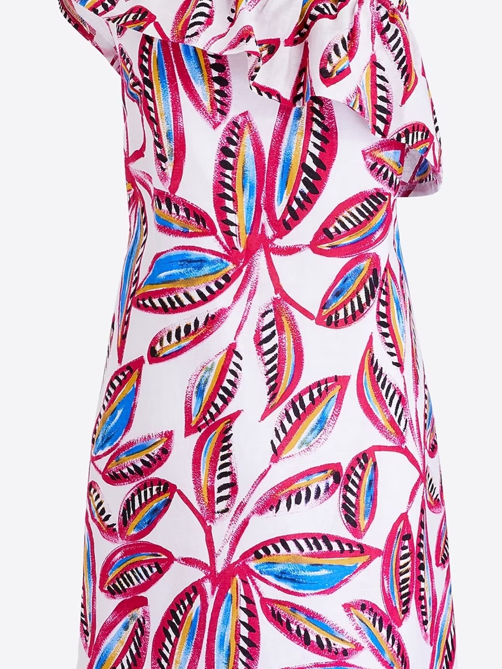 Women’s One-Shoulder Linen & Cotton Dress in Pink Leaf Print